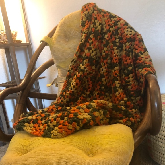 Hand Crafted Other - 70s Retro Fall Continuous Granny Square Blanket Handmade Mid-Century